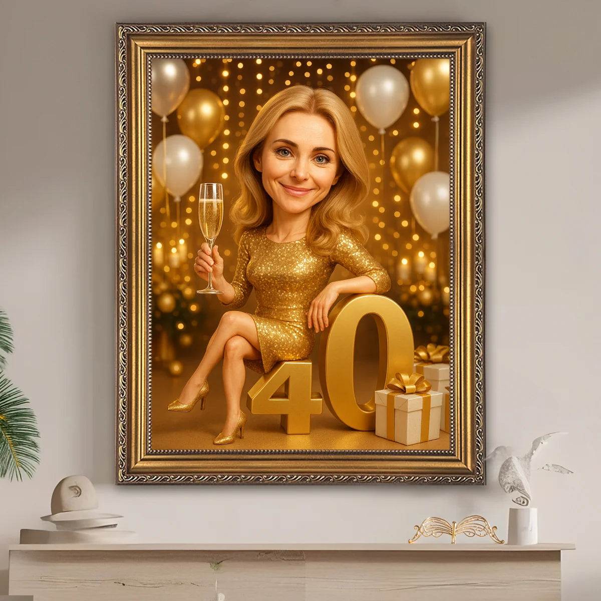 Image of Portret na płótnie na 40 urodziny – kobieta w złotym stylu glamour, personalizowany obraz ze zdjęcia, elegancki prezent dla niej.