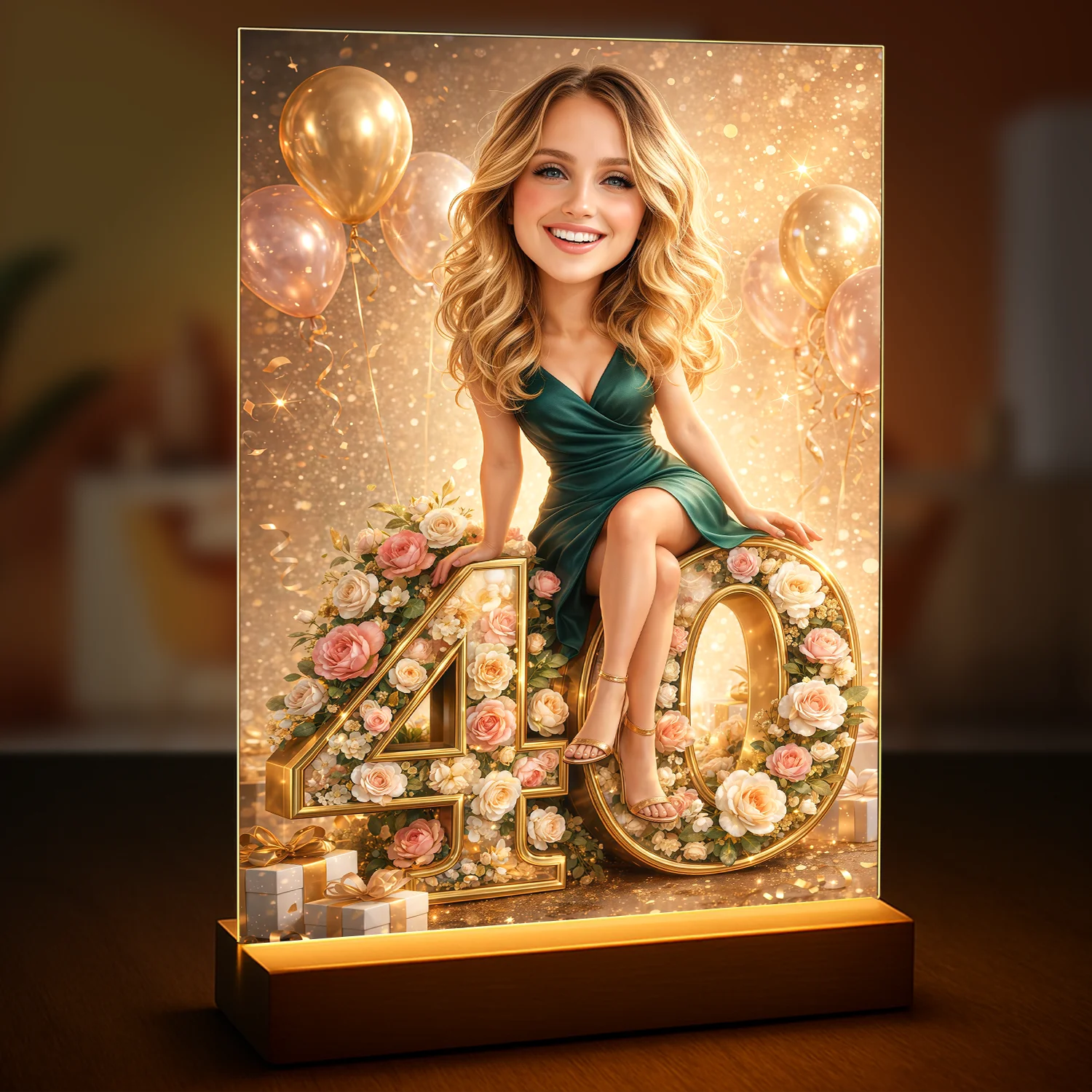 Image of Druk na szkle akrylowym dla niej ze zdjęcia, portret na 40 urodziny, kobieta siedzi na cyfrze 40, kwiaty i balony w tle