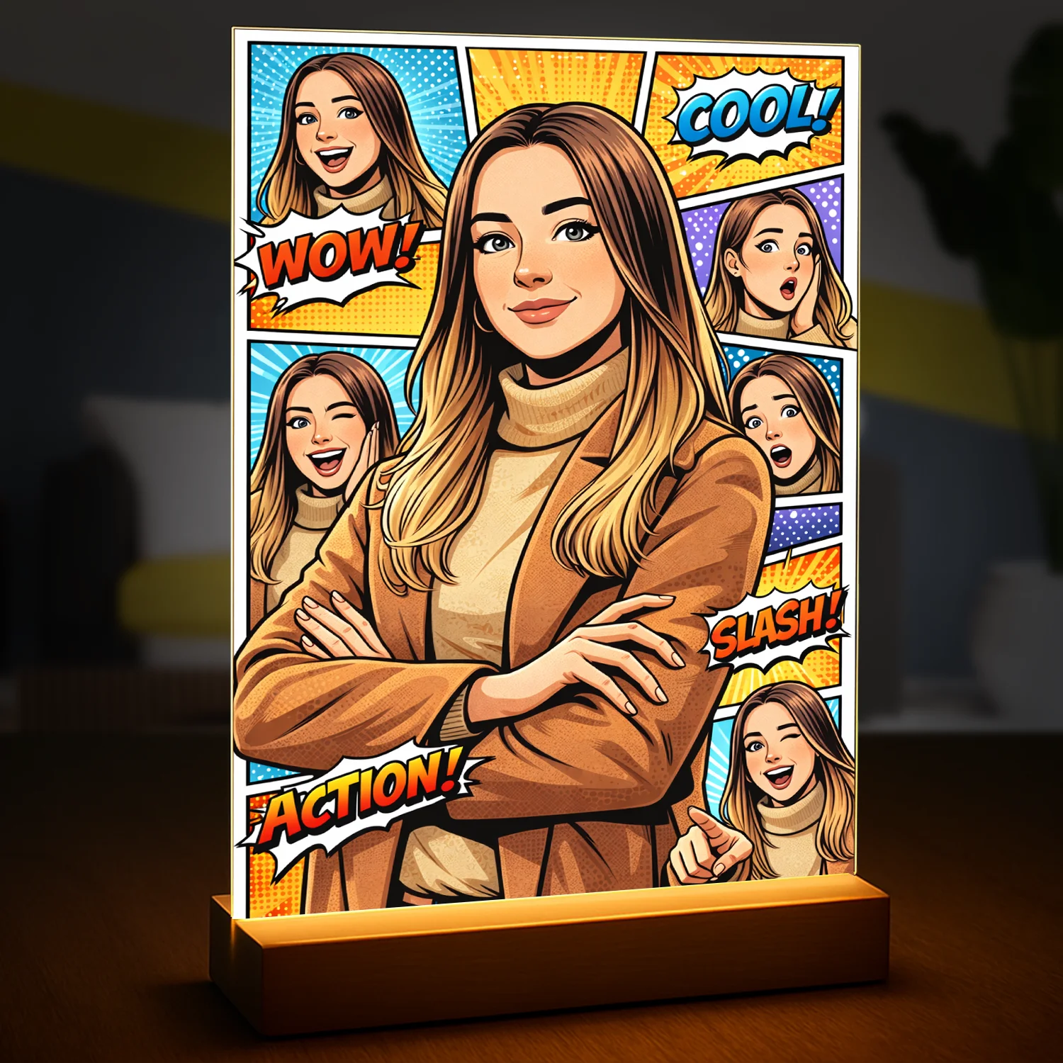 Image of Portret kobiety na szkle akrylowym w stylu komiksowym, kolorowe kadry i napisy, personalizowany druk ze zdjęcia, oryginalny prezent dla niej