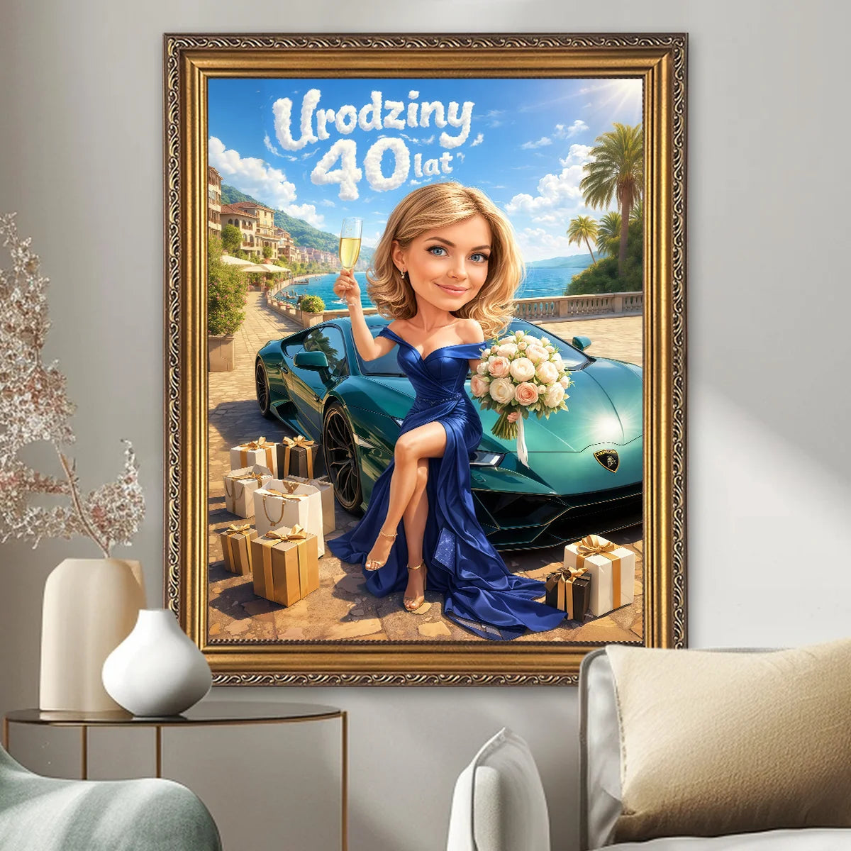 Image of Portret na płótnie na 40 urodziny – kobieta z lampką szampana przy luksusowym samochodzie, personalizowany obraz ze zdjęcia.