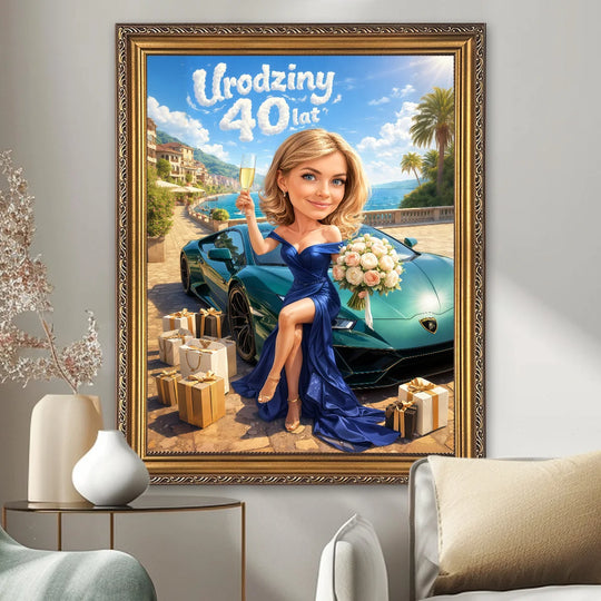 Jej portret w wielkim stylu na 40. - obraz na płótnie, personalizowany prezent na 40. urodziny