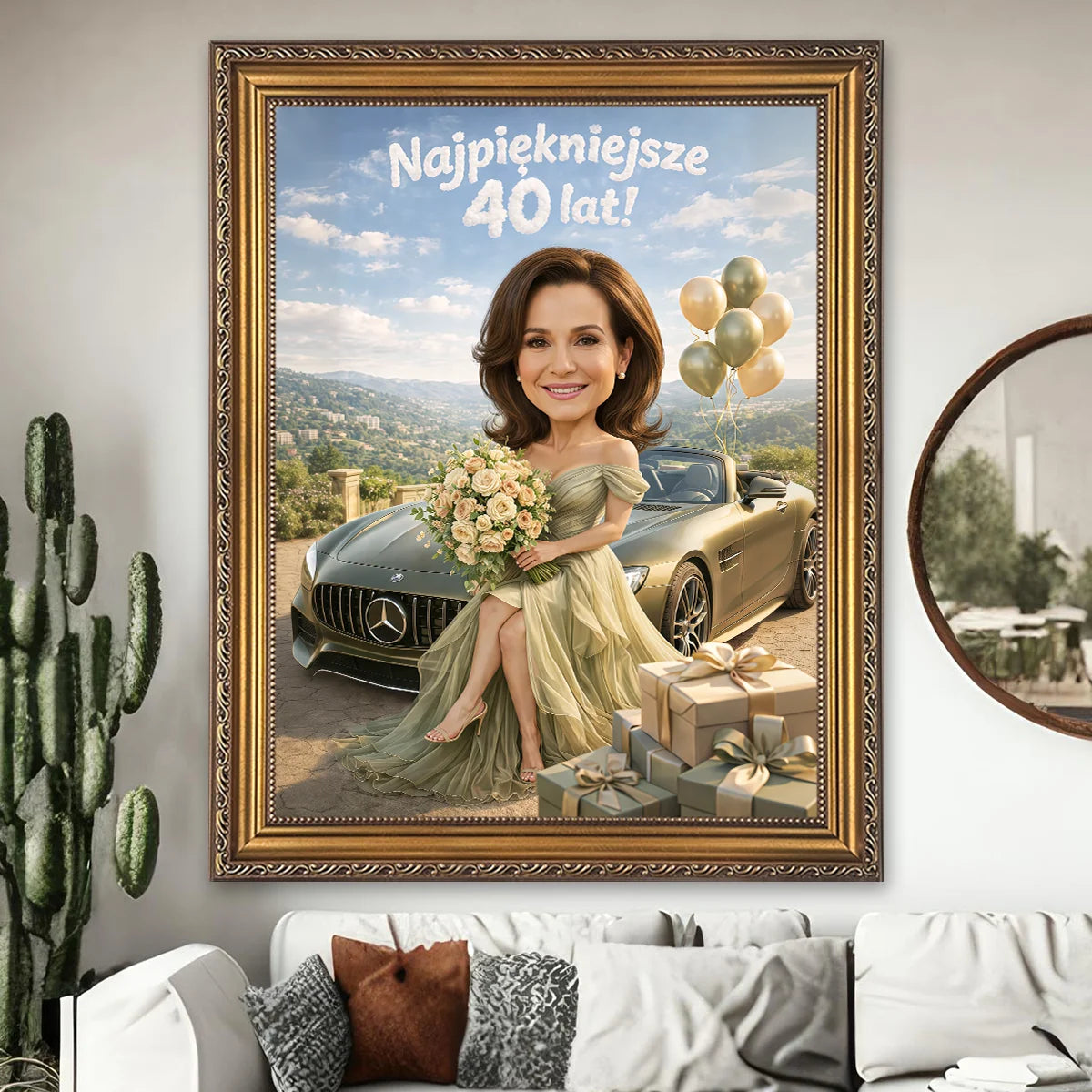 Image of Portret na płótnie na 40 urodziny – kobieta z kieliszkiem szampana i eleganckim autem, personalizowany obraz ze zdjęcia