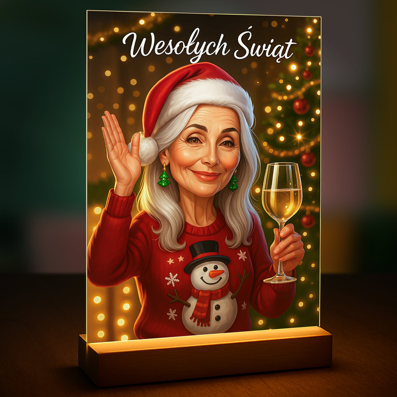 Jej świąteczna ilustracja z życzeniami - druk na szkle, portret z Twojego zdjęcia