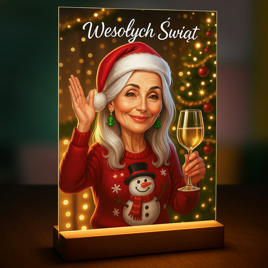 Jej świąteczna ilustracja z życzeniami - druk na szkle, portret z Twojego zdjęcia