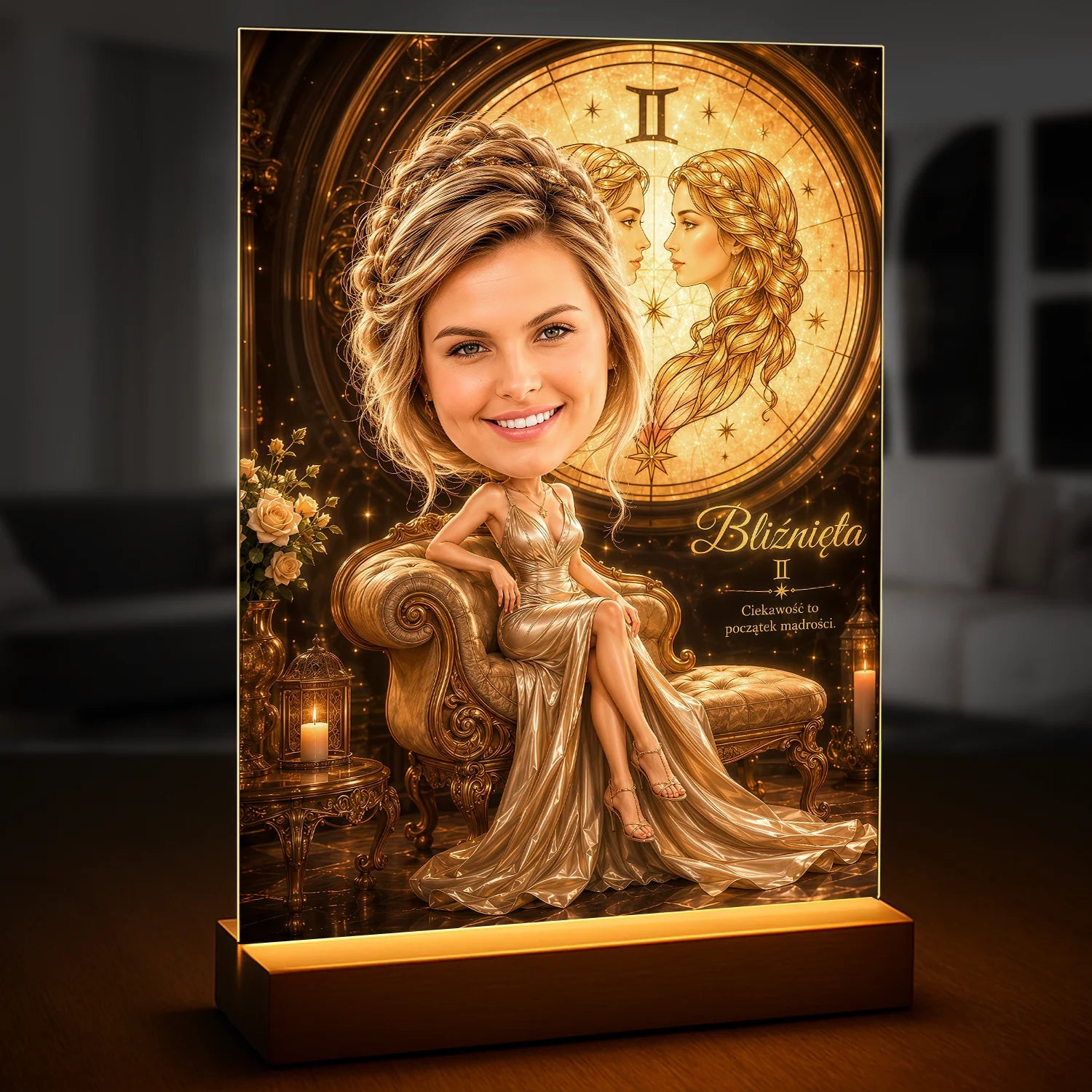 Image of Portret na szkle akrylowym ze zdjęcia dla kobiety spod znaku Bliźniąt, karykatura z motywem zodiaku i eleganckim tłem